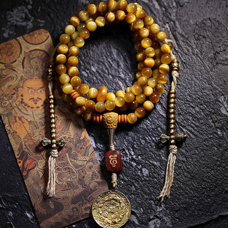 Buddha Stones 108 Mala Beads Natural Tiger Eye Copper Dorje Protection Tassel Bracelet Mala Bracelet BS 8mm Tiger Eye Nine Palaces Eight Diagrams Copper Dorje