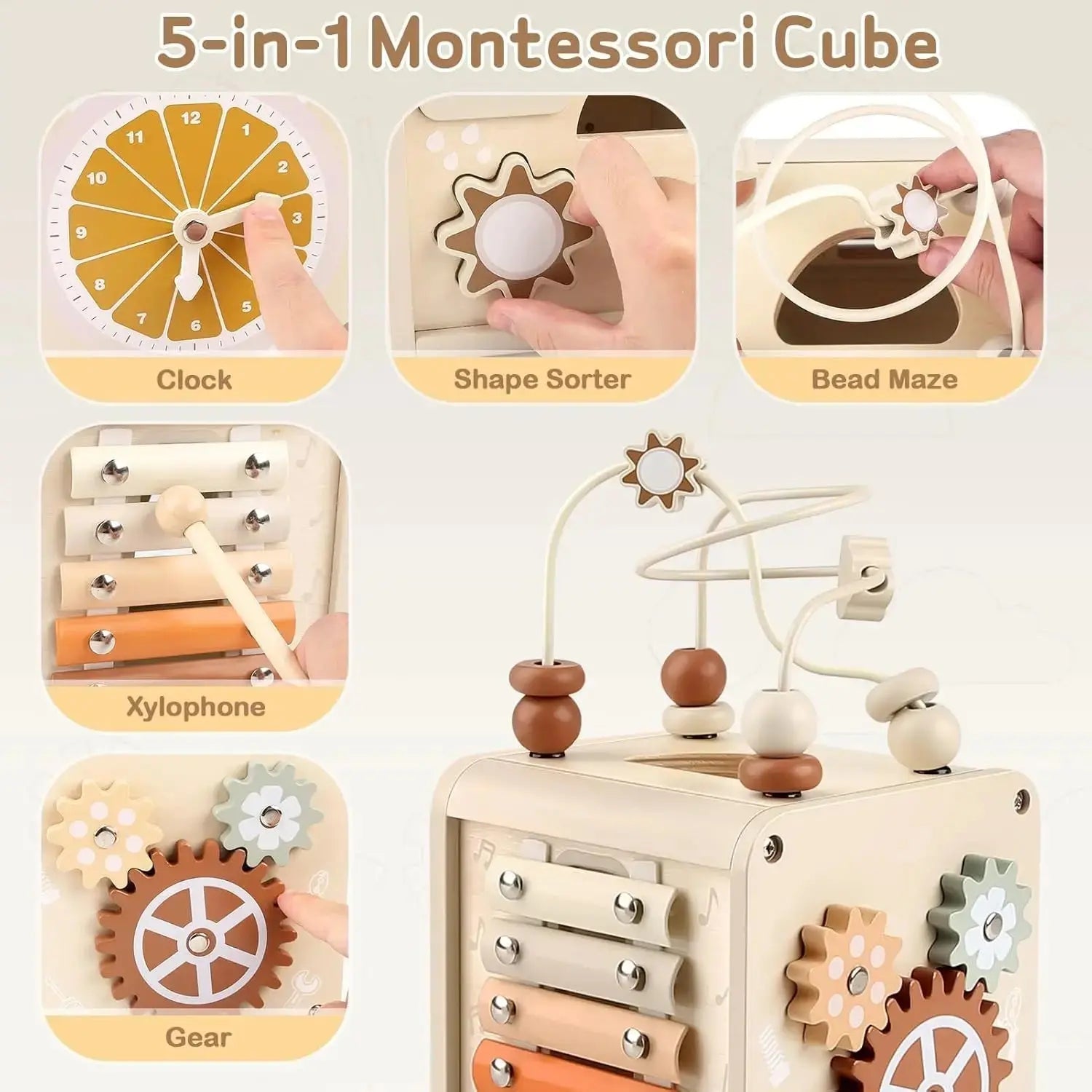 Fidtoy Wooden Activity Cube for Toddlers Musical Drum Set Toy Montessori Learning Cube 12 Months+