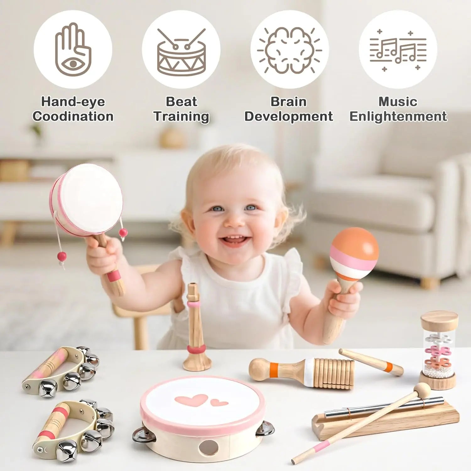 Fidtoy Wooden Music Toy Set for Toddlers 8 Piece Instrument Set Musical Learning Toys