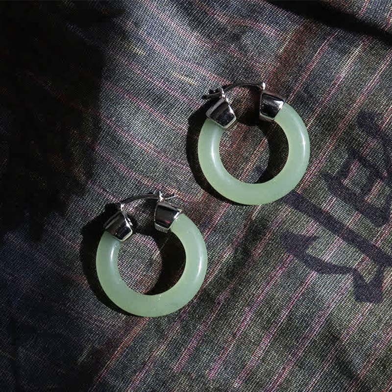 Buddha Stones Round Jade White Jade Prosperity Earrings Earrings BS 1