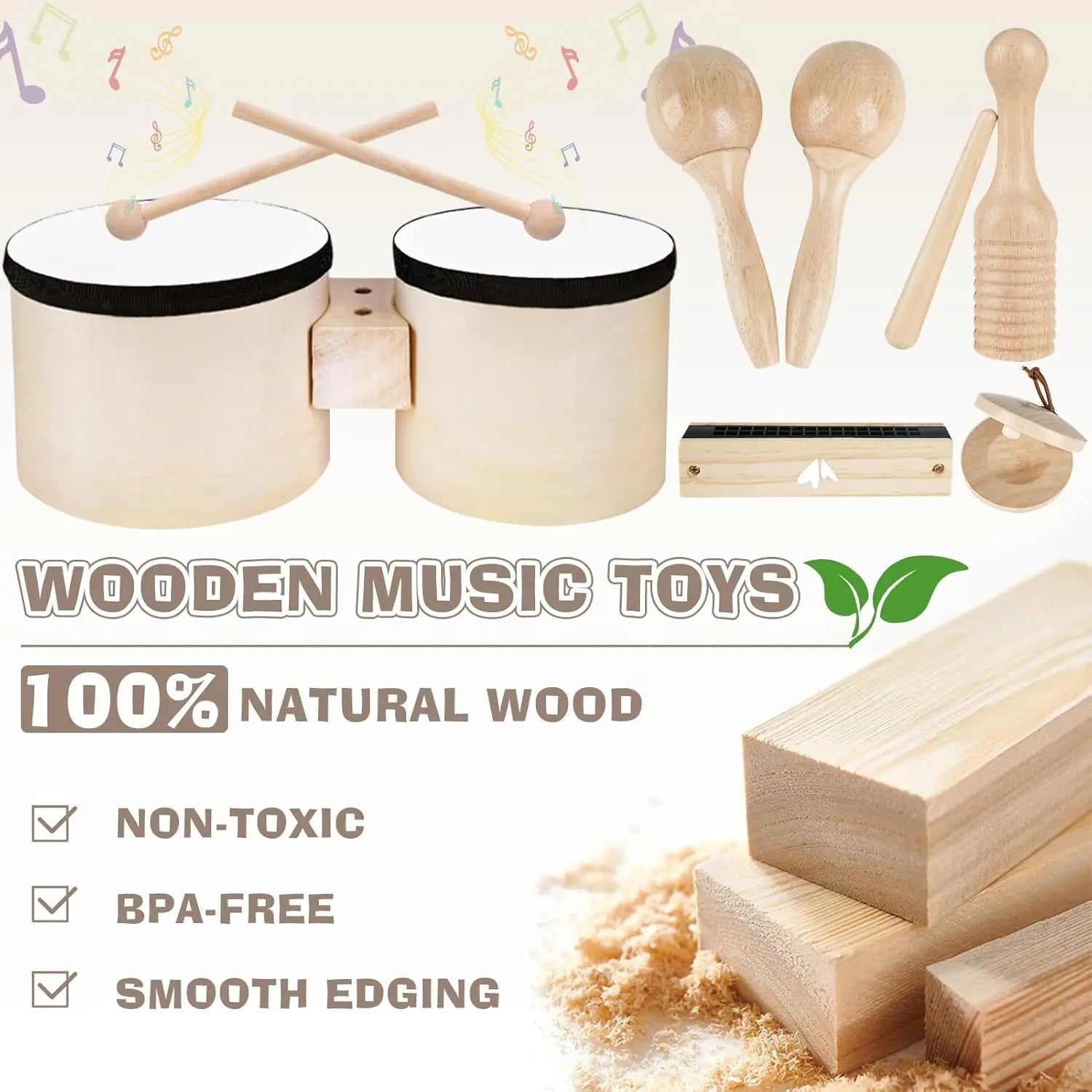 Fidtoy 7-Piece Musical Toys for Toddlers Wooden Instrument Set Drum Bells Maracas Learning Toys