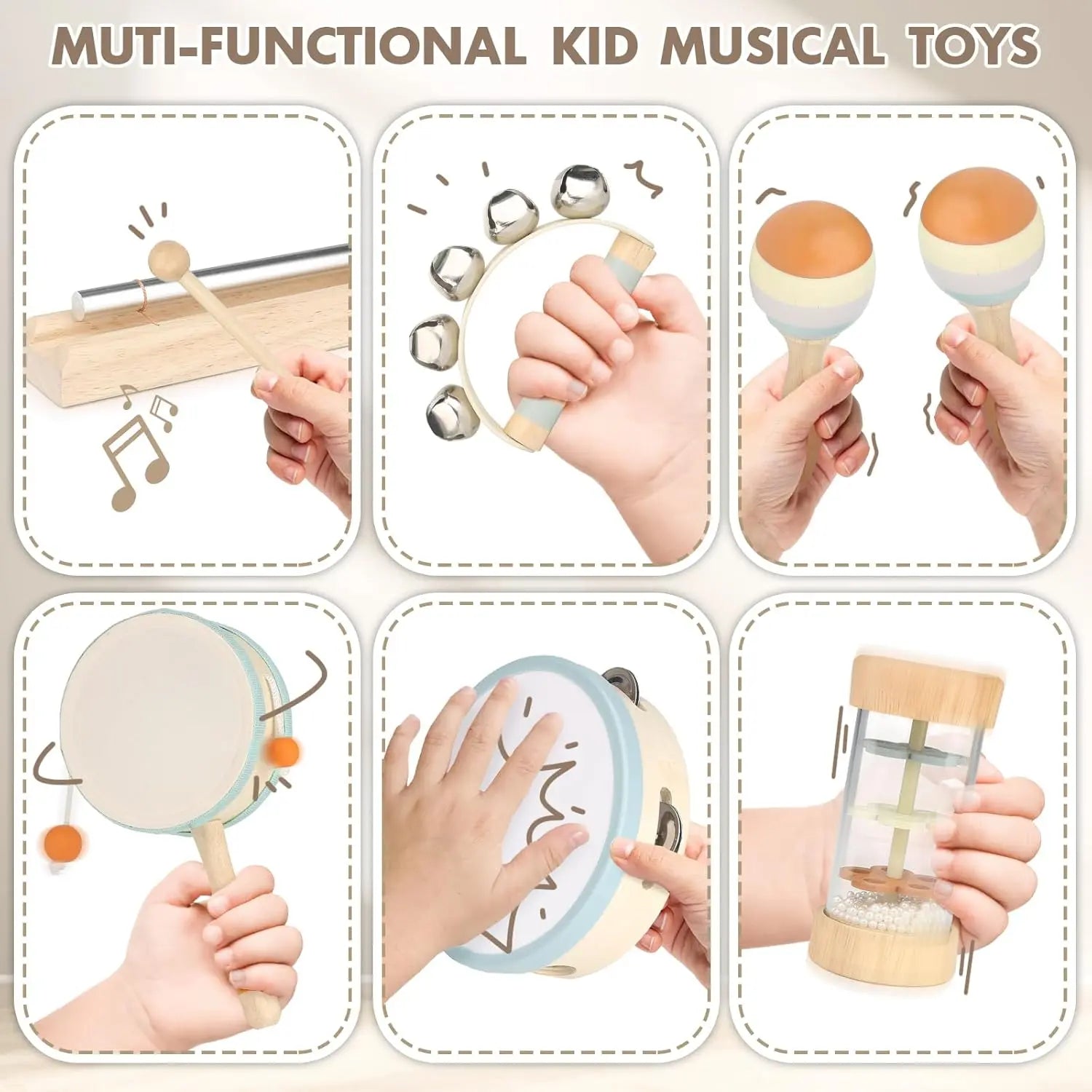 Fidtoy 8-Piece Wooden Musical Toys for Toddlers Rhythm Instruments Set with Drum Bells and Maracas