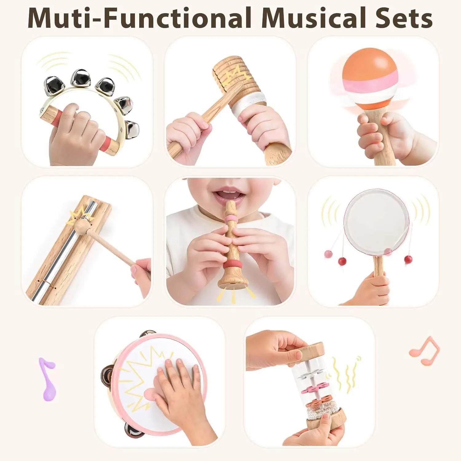 Fidtoy Wooden Music Toy Set for Toddlers 8 Piece Instrument Set Musical Learning Toys