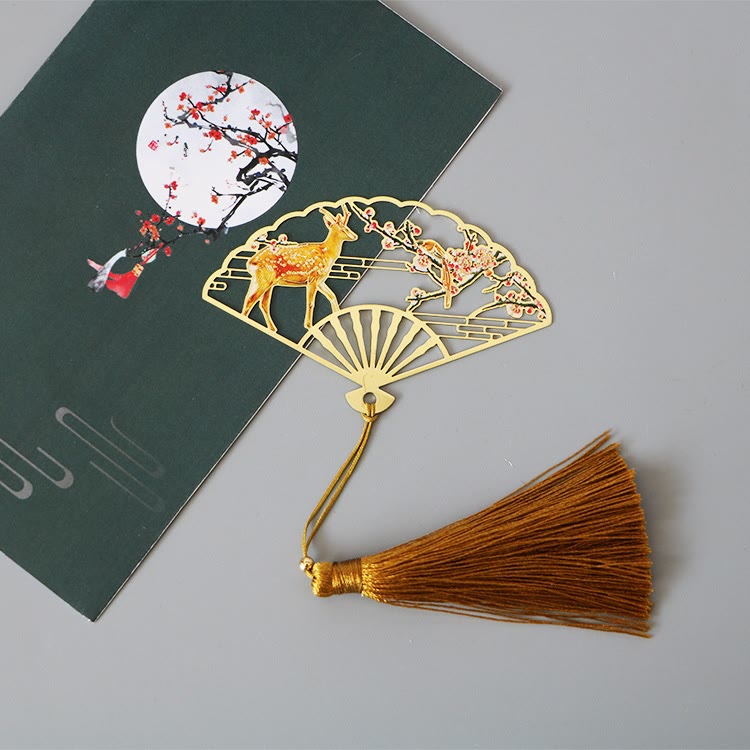Buddha Stones Traditional Butterfly Lotus Flower Crane Dragon Phoenix Fox Koi Fish New Beginning Metal Brass Hollow Fan Bookmarks Bookmarks BS Deer Flower