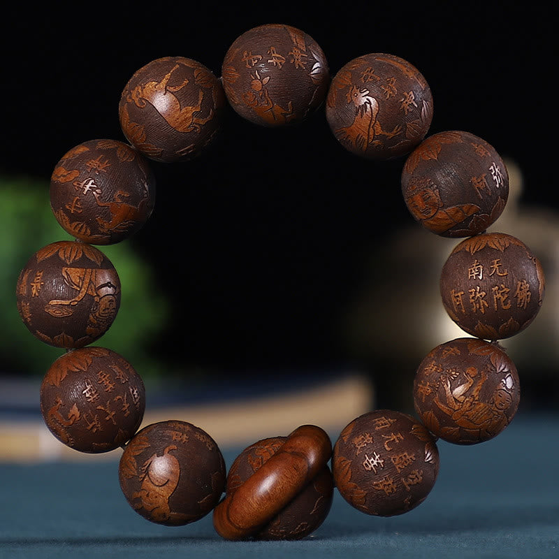 Buddha Stones Chinese Zodiac Rosewood Green Sandalwood Ebony Wood Copper Coin Carved Calm Bracelet - Rosewood Carved Chinese Zodiac - image 2