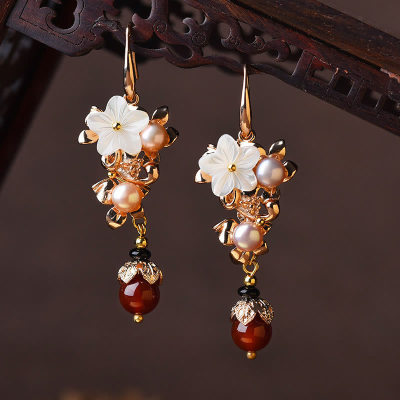 Buddha Stones 14K Gold Plated Tridacna Stone Flower Pearl Green Aventurine Bead Drop Earrings Earrings BS White Tridacna Stone Flower Pearl Red Bead