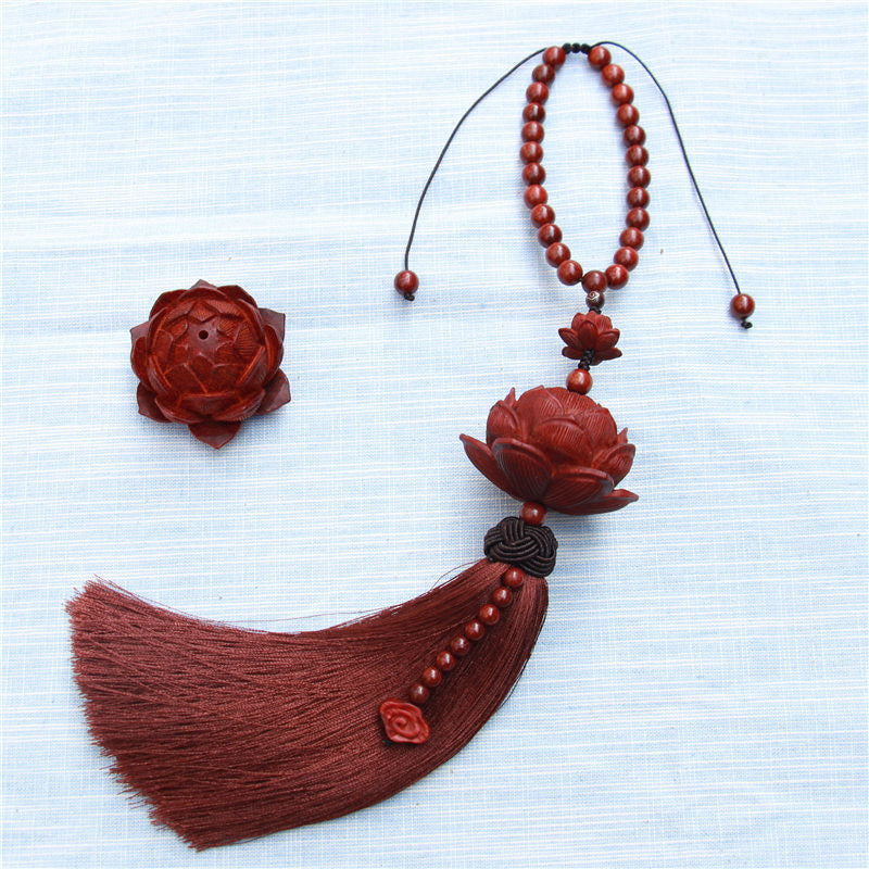 Buddha Stones Tibetan Small Leaf Red Sandalwood Lotus Luck Protection Tassel Decoration - image 7