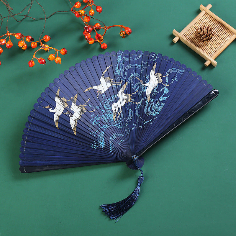 Buddha Stones Vintage Cloud Crane Maple Leaf Pattern Handheld Bamboo Folding Fan Folding Fan BS Crane Blue 18.5cm