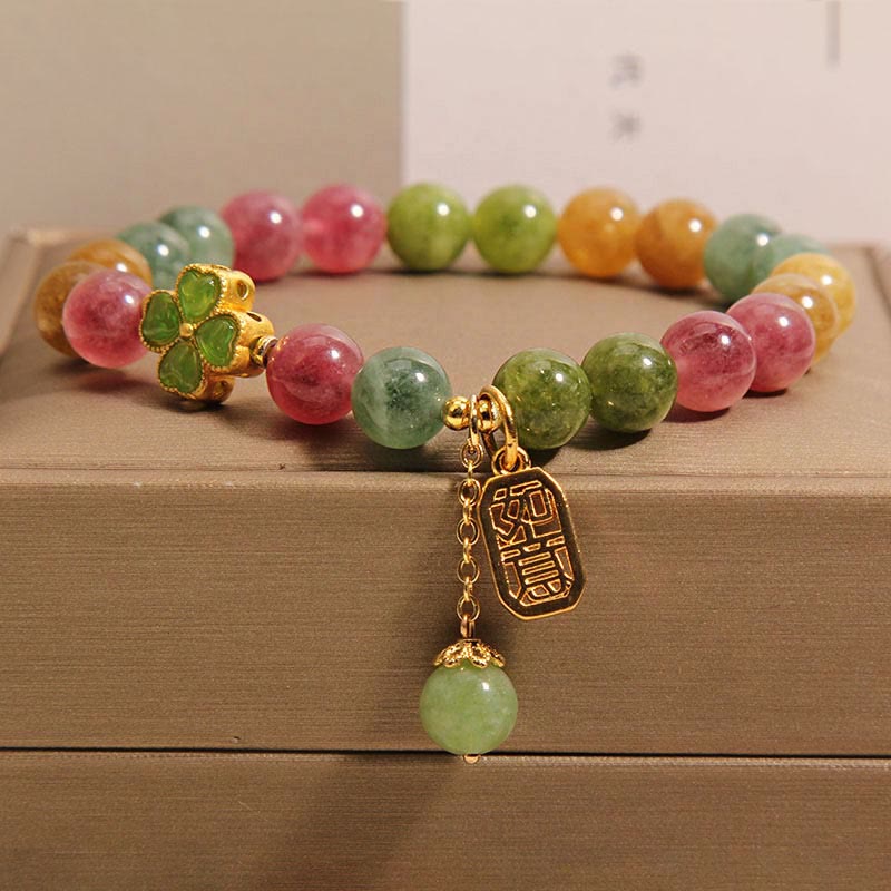 Buddha Stones Tourmaline Jade Colorful Four-leaf Clover Positive Bracelet Bracelet BS Tourmaline Jade(Wrist Circumference 14-18cm)