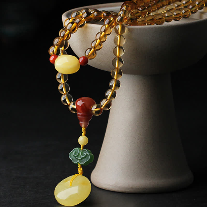 108 Mala Beads Natural Citrine Amber Peace Buckle Red Agate PiXiu Protection Charm Bracelet Mala Bracelet BS 9