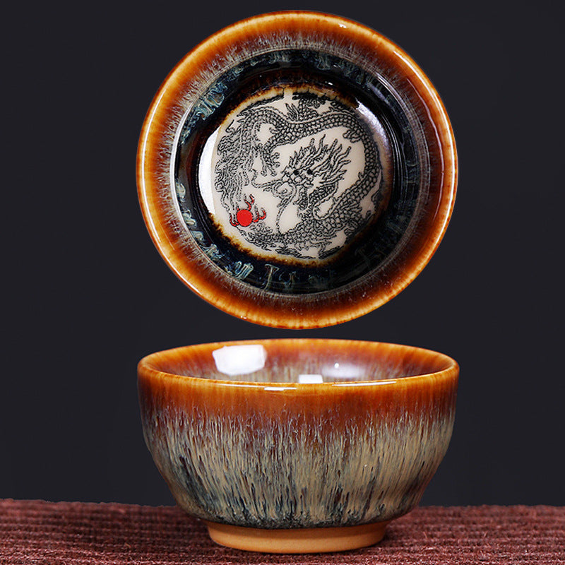 Buddha Stones 12 Chinese Zodiac Pattern Ceramic Teacup Kung Fu Jian Chinese Zhan Tea Cup 73ml Jian Zhan Tea Cup BS Dragon 6.8cm*3.6cm*73ml