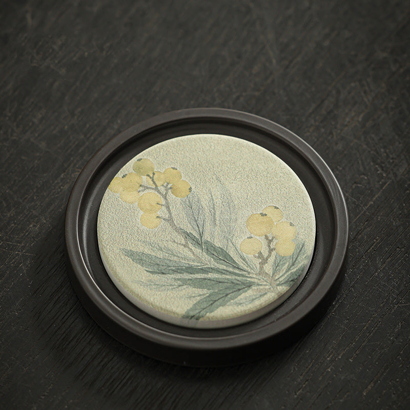Buddha Stones Plum Blossom Peach Heart Sutra Loquat Magnolia Persimmon Ceramic Cup Mat Pad Coaster Kung Fu Tea Mat Cup Mat BS Loquat 7.9*1cm