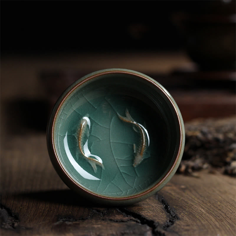 Buddha Stones Colorful Koi Fish Ceramic Teacup Kung Fu Tea Cup Bowl Cup BS Double Koi Fish 7.8cm*3.4cm*60ml
