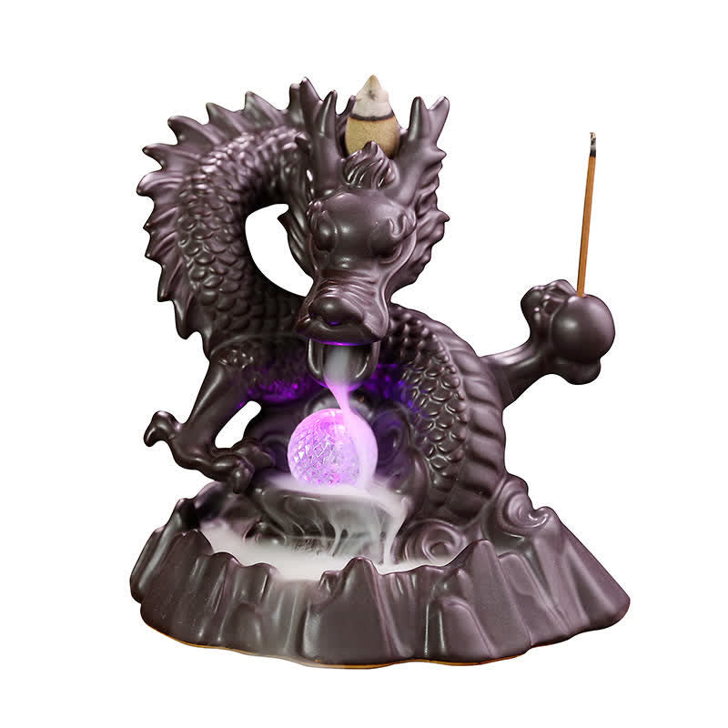 Buddha Stones Auspicious Dragon Ceramic Backflow Smoke Fountain Meditation Healing Incense Burner Led Ball Decoration Incense Burner BS 11