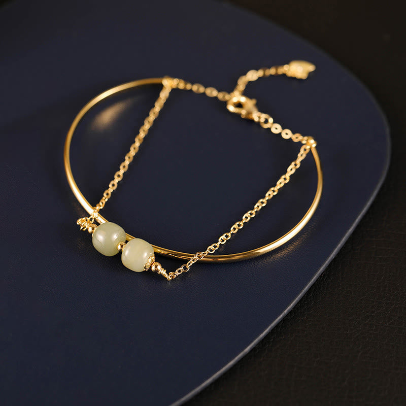 Buddha Stones Copper Plated Gold Hetian Jade Bead Luck Double Layer Bracelet Bangle Bracelet Bangle BS Hetian Jade Two Bead(Wrist Circumference 14-15cm)