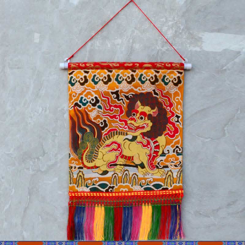 Buddha Stones Feng Shui Kirin Spiritual Colorful Tassel Wall Art Wall Art BS Yellow