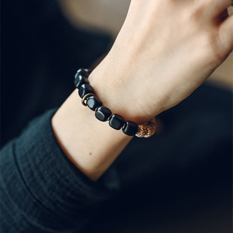 Buddha Stones Tibetan Bodhi Seed Black Obsidian Ebony Wood Copper Peace Bracelet Bracelet BS 6