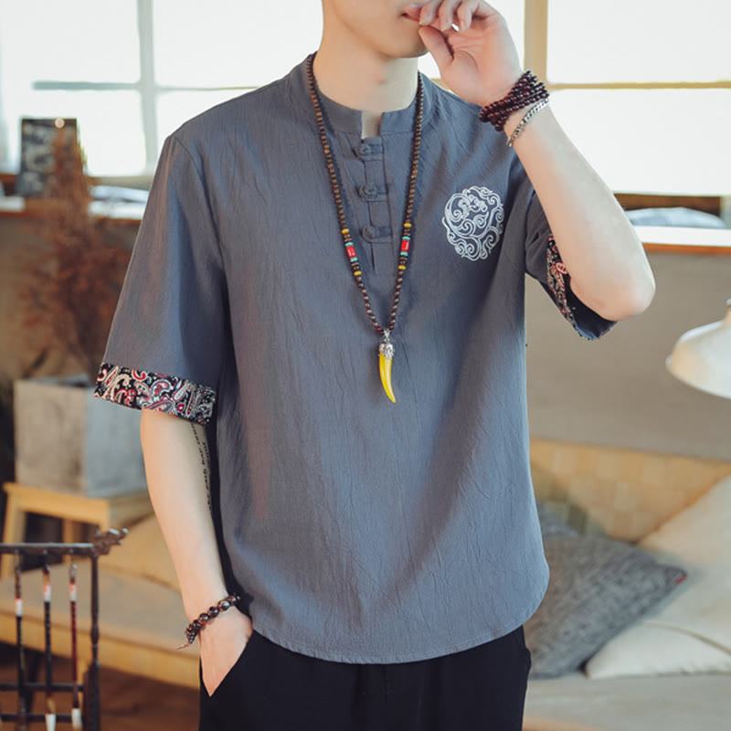 Buddha Stones Frog-Button Dragon Embroidery Chinese Tang Suit Short Sleeve Shirt Linen Men Clothing Men's Shirts BS 3