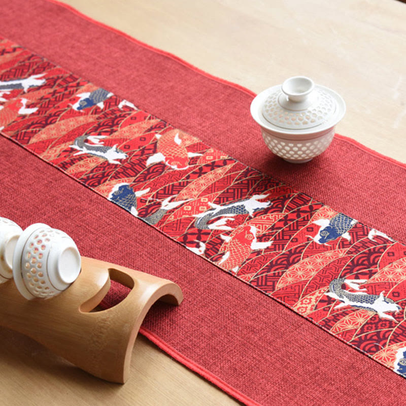 Buddha Stones Classic Chinese Style Lotus Koi Fish Flower Crane Calligraphy Enlightenment Cotton Linen Tassels Table Runner Table Runner BS 17