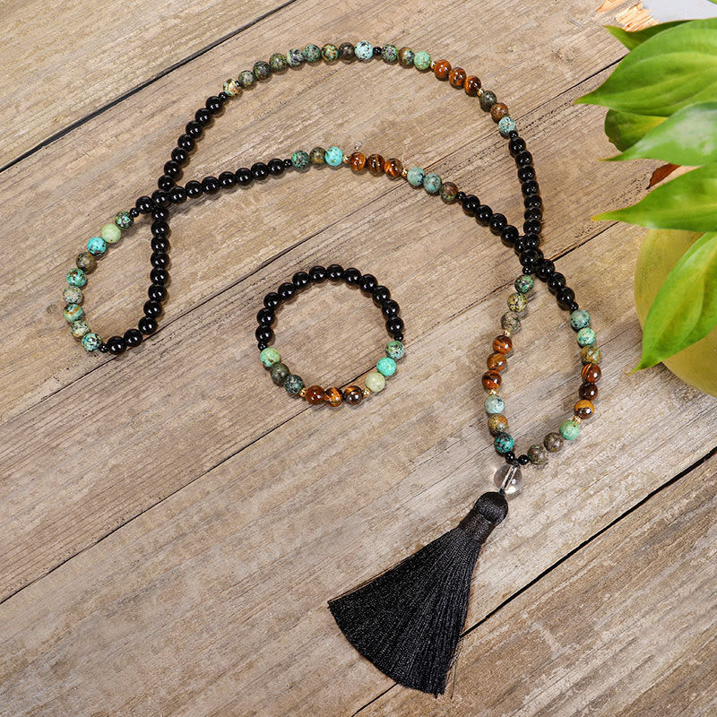 Buddha Stones 108 Mala Beads Natural Stone Tiger Eye Turquoise Protection Strength Bracelet Necklace Bracelet Necklaces & Pendants BS main