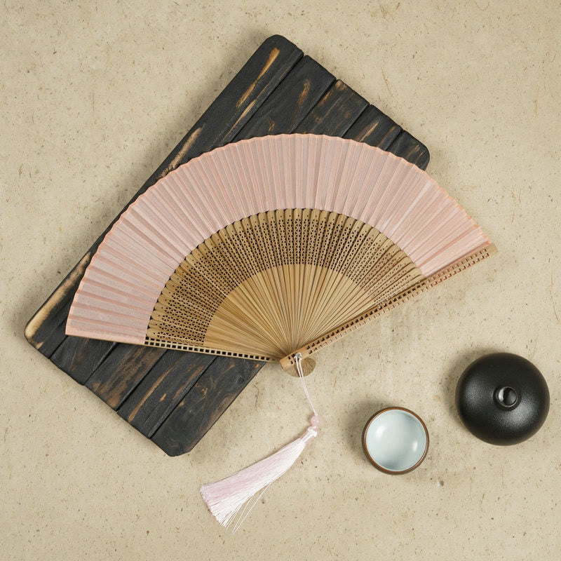Buddha Stones Vintage Handheld Folding Fan With Bamboo Frames Folding Fan BS Pink