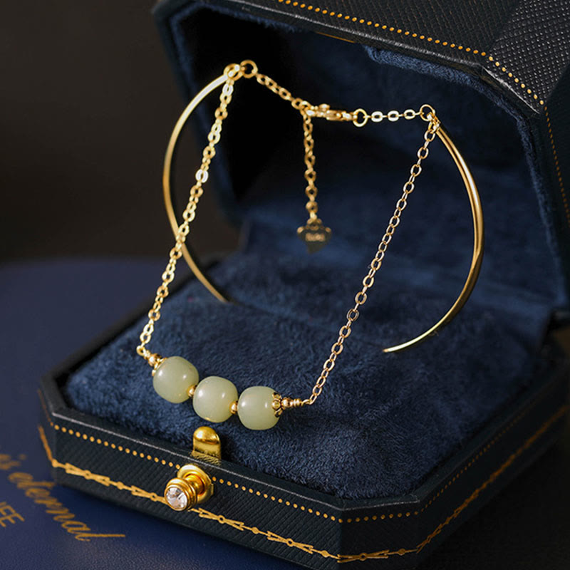 Buddha Stones Copper Plated Gold Hetian Jade Bead Luck Double Layer Bracelet Bangle Bracelet Bangle BS Hetian Jade Three Bead(Wrist Circumference 14-15cm)