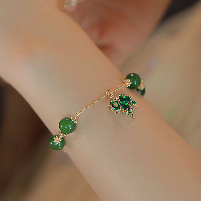 Buddha Stones 14k Gold Plated Green Chalcedony Maple Leaf Courage Strength Bracelet Bracelet BS 3