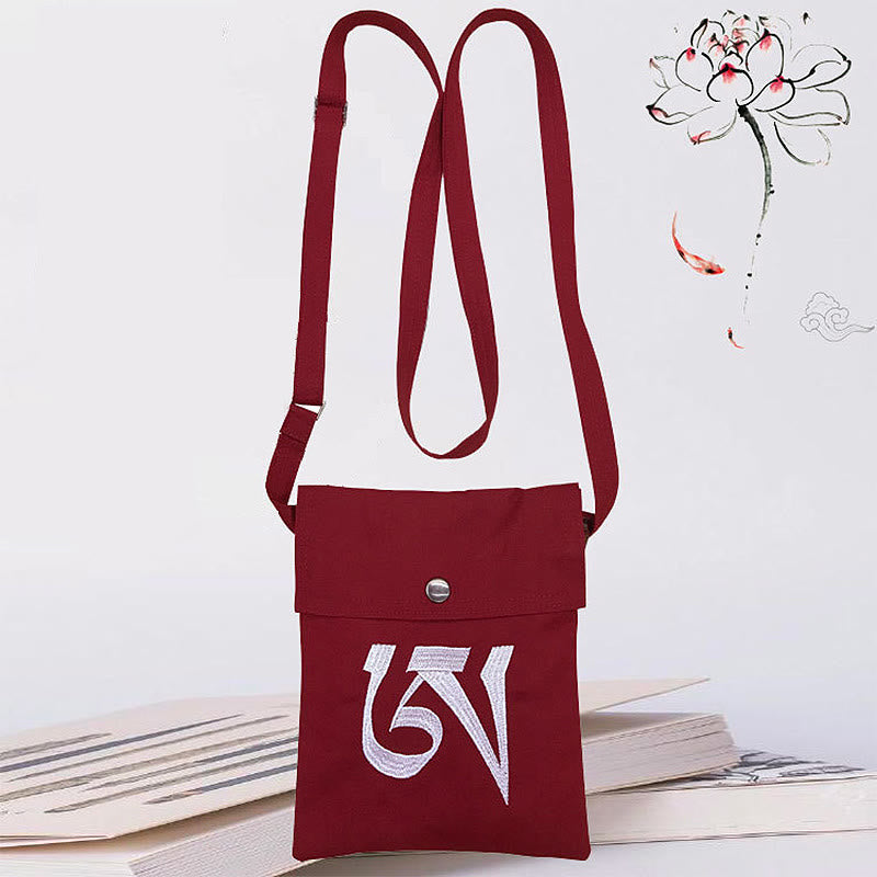 Buddha Stones Handmade OM Mantra Embroidered Spiritual Mind Practice Cotton Crossbody Bag Shoulder Bag Cellphone Bag Bag BS Dark Red Mantra Spiritual Practice Shoulder Bag