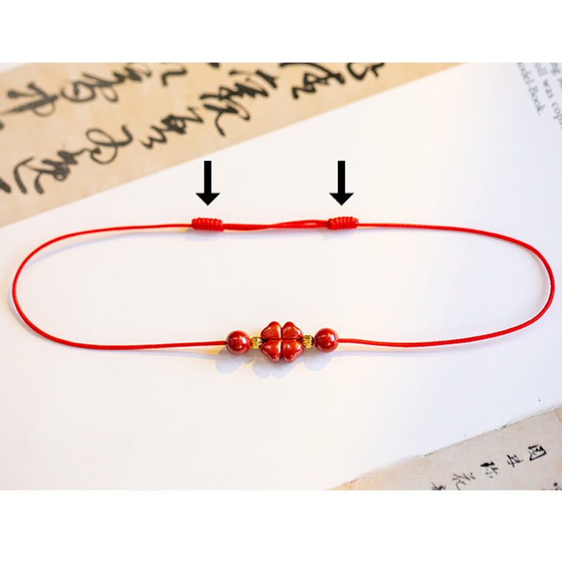 Buddha Stones Four Leaf Clover Cinnabar Blessing Calm String Bracelet Anklet Bracelet BS 18