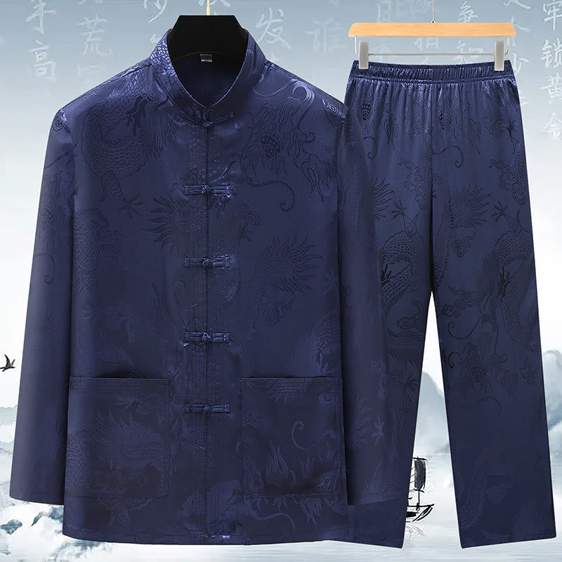 Buddha Stones Tang Suit Men Hanfu Chinese Dragon Traditional Clothes Kung Fu Shirt Uniform Long Sleeved Coat Tops and Pants Clothing Men's Set - Dark Blue - US/UK/AU42,EU52 (3XL) - image 13