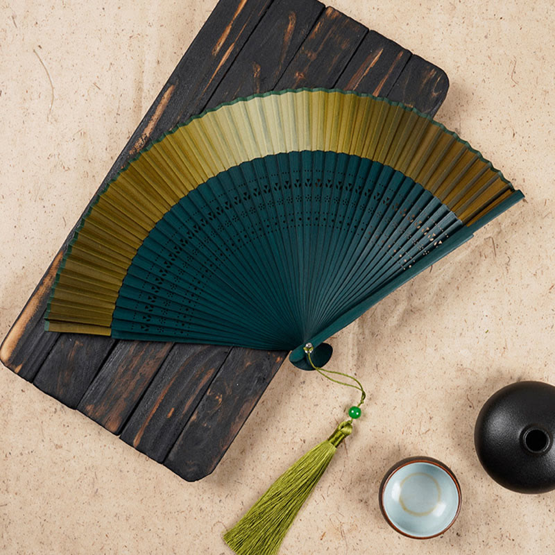 Buddha Stones Solid Color Gradient Hollow Engraved Handheld Bamboo Folding Fan Folding Fan BS Darkgoldenrod Gradient 21.5cm