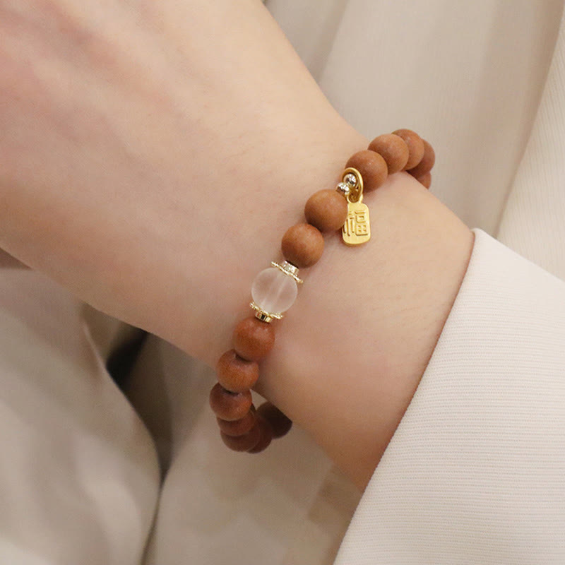 Buddha Stones Sandalwood Cat's Eye Fu Character Charm Protection Bracelet Bracelet BS 5