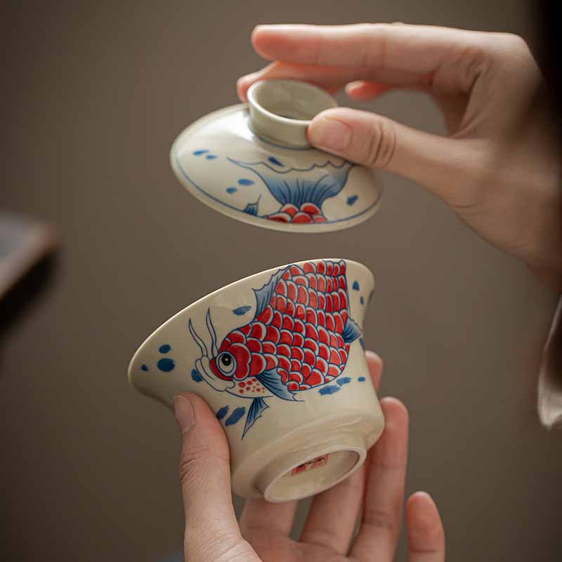 Buddha Stones Koi Fish Arowana Ceramic Gaiwan Sancai Teacup Kung Fu Tea Cup With Lid 130ml Cup BS 27