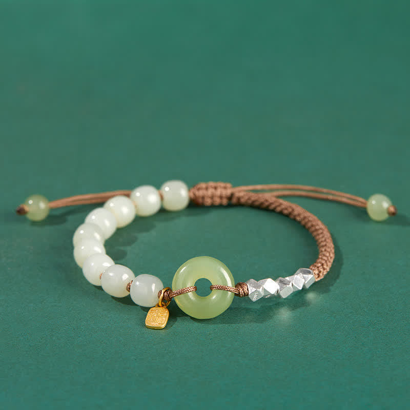 Buddha Stones 925 Sterling Silver Hetian Jade Peace Buckle Beaded Luck Happiness Charm Bracelet Bracelet BS Khaki
