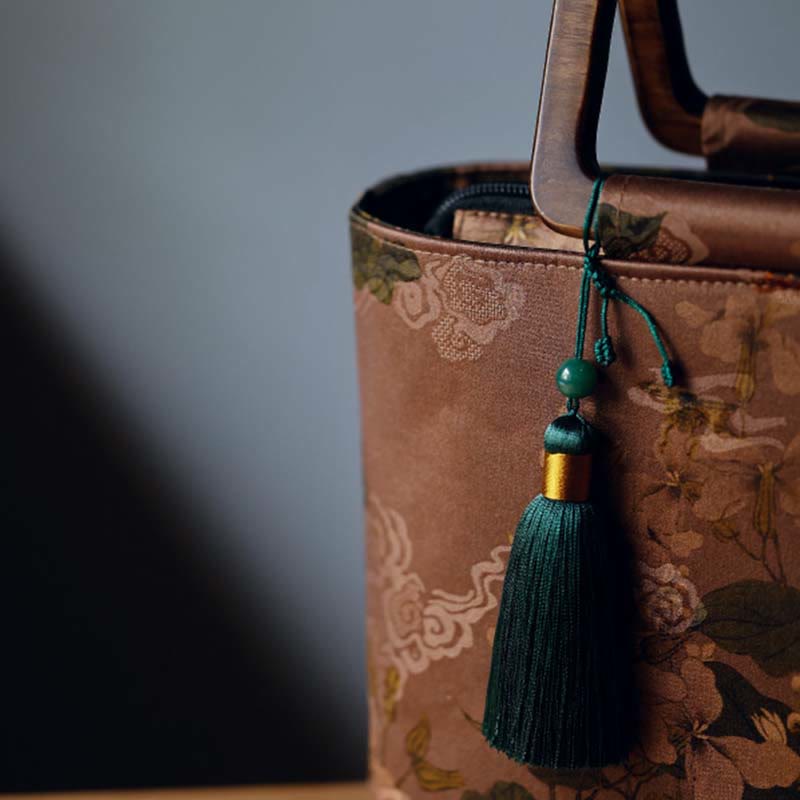 Buddha Stones Vintage Brown Flowers Green Bamboo Leaves Wood Handles Zipper Handbag Handbags BS 9
