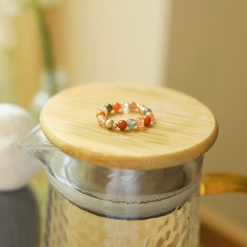 Buddha Stones 14k Gold Plated Copper Fu Lu Shou Crystal Peach Moonstone Happiness Wealth Ring Ring BS Fu Lu Shou Ring(Elastic Rope)