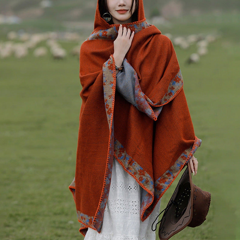 Buddha Stones Tibetan Shawl Border Small Floral Flower Hooded Cloak Winter Cozy Travel Scarf Wrap Tibetan Shawl BS 1