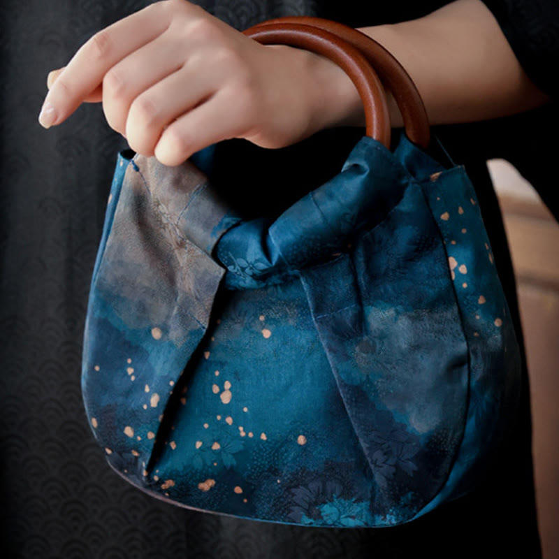 Buddha Stones Handmade Jacquard Flower Blue Wooden Handle Handbag Handbags BS 9