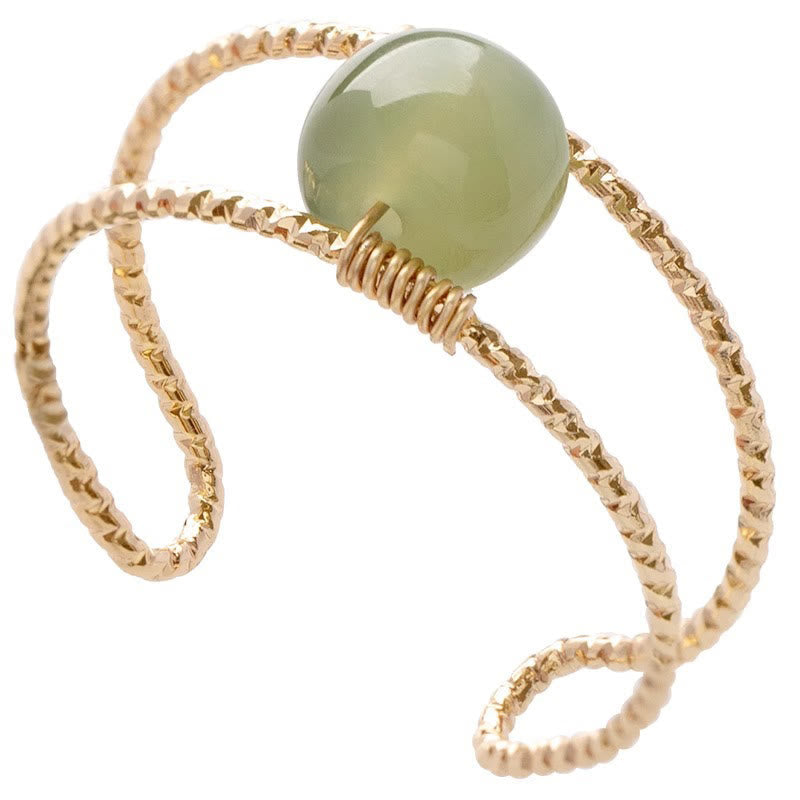 Buddha Stones Round Jade Pearl Bead Double Layer Copper Luck Adjustable Ring Ring BS 5