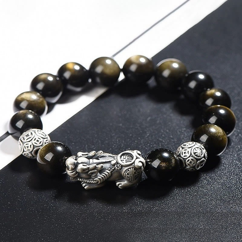 Foviel 925 Sterling Silver Natural Gold Sheen Obsidian PiXiu Wealth Protection Bracelet
