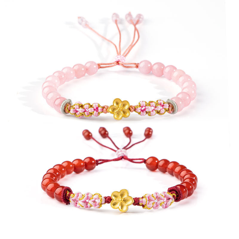 Buddha Stones 999 Sterling Silver Natural Red Agate Pink Crystal Cherry blossom Bracelet Bracelet BS main