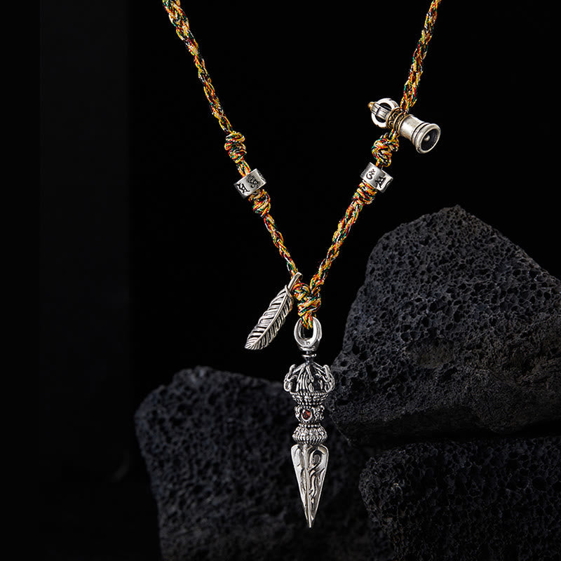 Buddha Stones Tibetan Handmade 925 Sterling Silver Dorje Vajra Om Mani Padme Hum Feather Strength Necklace Pendant - image 1