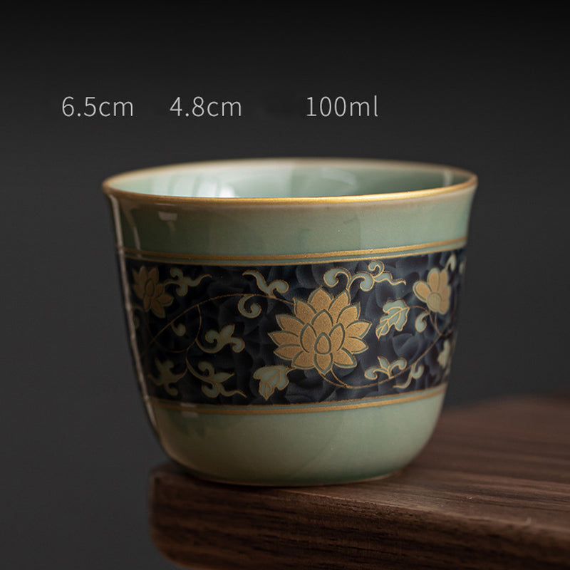 Buddha Stones Butterfly Flower Lotus Koi Fish Plum Blossom Ceramic Teacup Kung Fu Tea Cup 100ml Cup BS Golden Lotus 6.5cm*4.8cm*100ml
