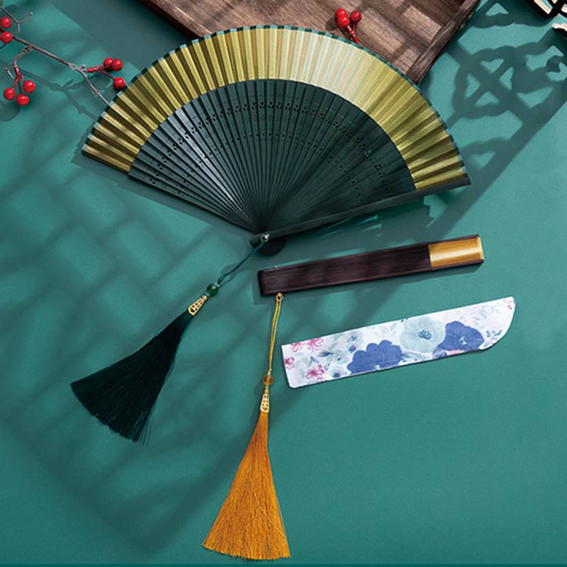 Buddha Stones Gradient Handheld Silk Bamboo Folding Fan