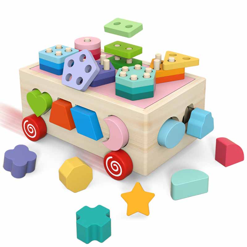 Fidtoy Wooden Shape Sorting Car Montessori Toy for Toddlers