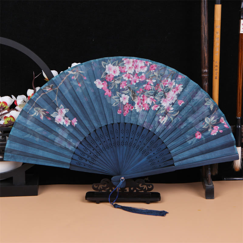Buddha Stones Classic Birds Singing Flowers Handheld Bamboo Folding Fan Folding Fan BS Blooming Flowers