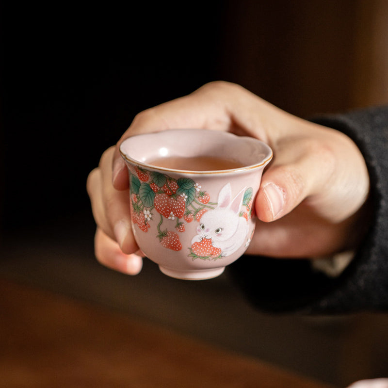Buddha Stones Cute Strawberry Rabbit Flower Ceramic Teacup Kung Fu Tea Cup 55ml Cup BS 11