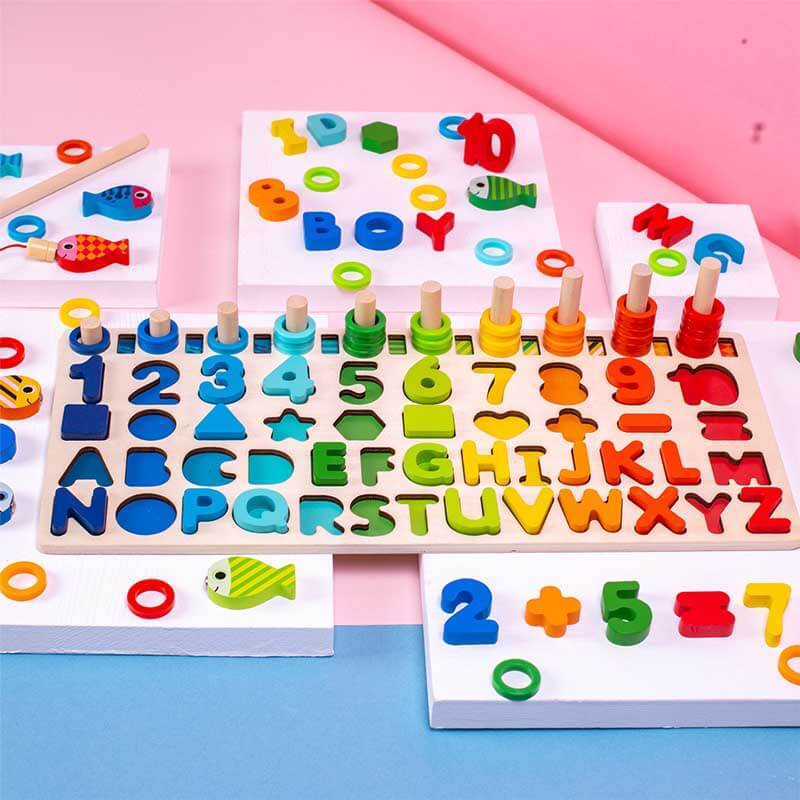 Fidtoy Wooden Numbers & Shapes Learning Toy for Toddlers | Montessori Counting & Color Sorting