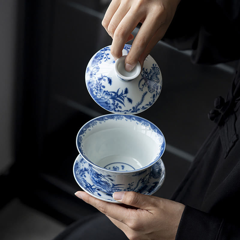 Buddha Stones Blue And White Porcelain Lotus Koi Fish Lion Dance Watermelon Ceramic Gaiwan Sancai Teacup Kung Fu Tea Cup And Saucer With Lid 300ml Cup BS 3