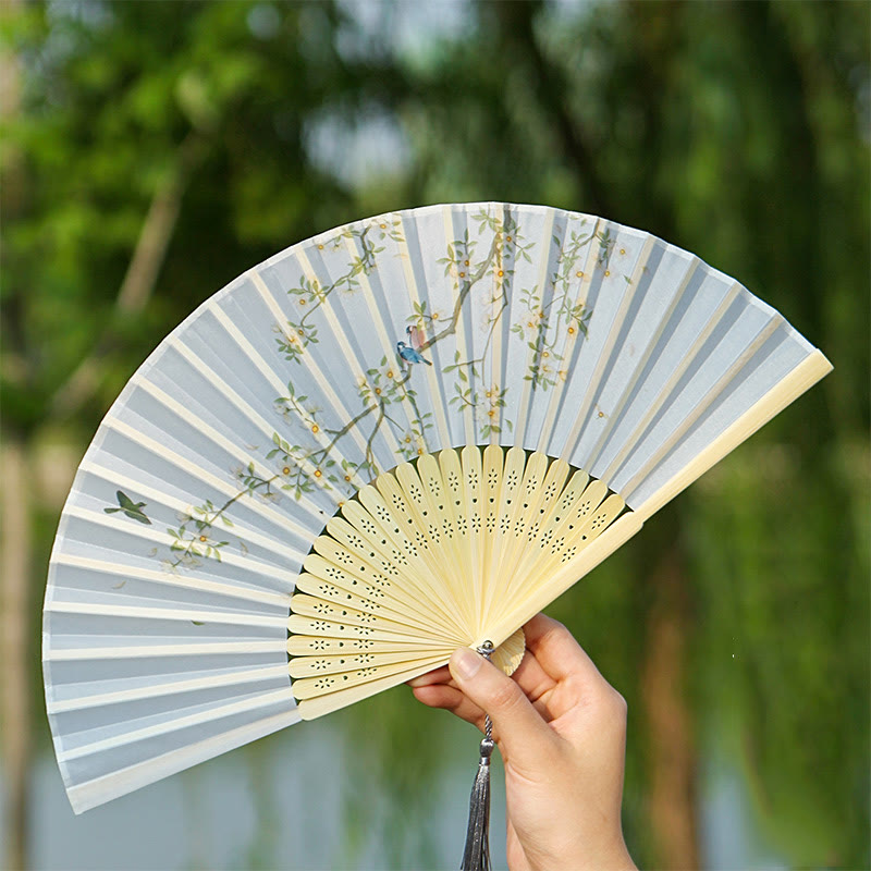 Buddha Stones Classic Birds Singing Flowers Handheld Bamboo Folding Fan Folding Fan BS 1